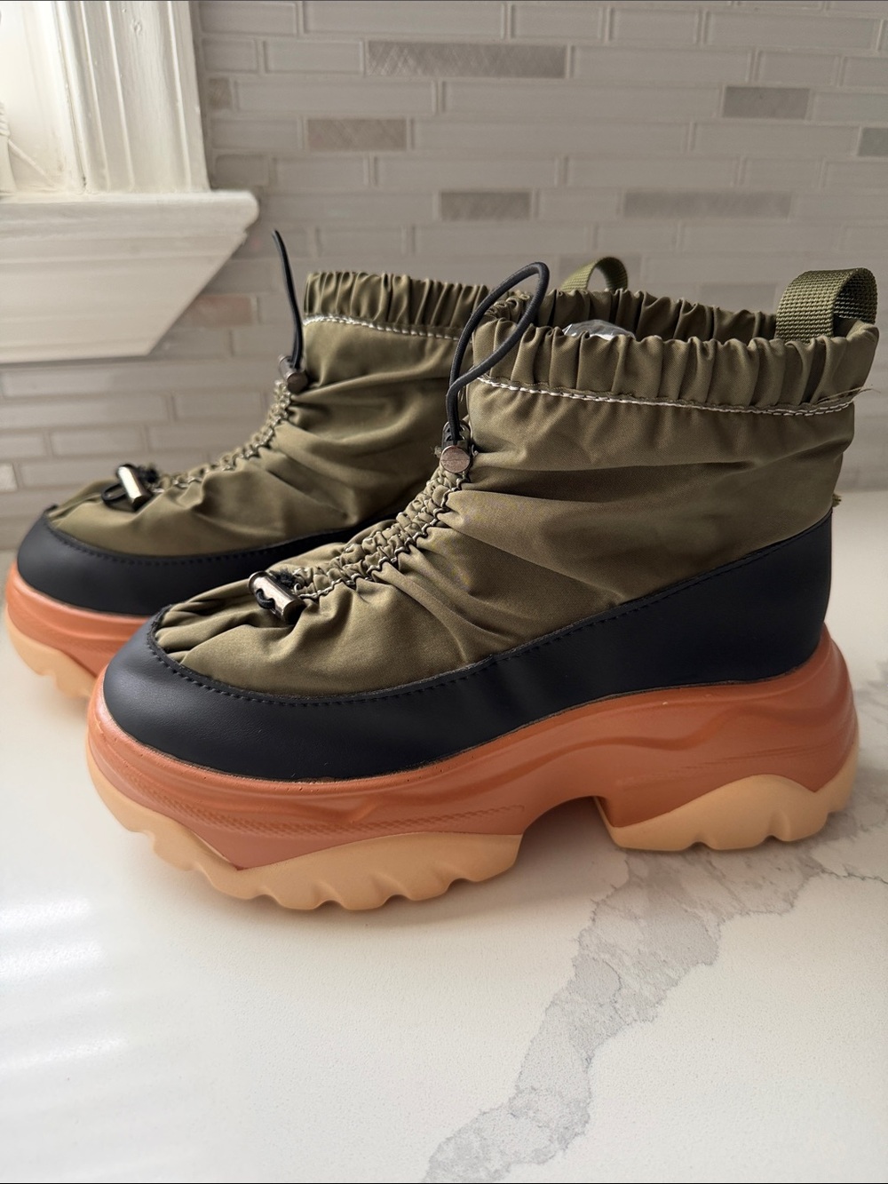 Olive Green and Black Platform Ankle Boots with Chunky Tan Sole
